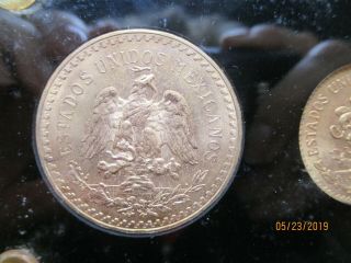 50 Pesos gold coin,  JM Assayers 1 oz fine gold,  and 6 Mexico Gold Types in lucit 6