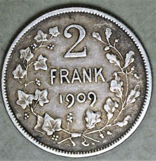 Belgium 1909 2 Frank Silver Coin