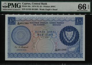 Tt Pk 44c 1974 - 76 Cyprus Central Bank 5 Pounds " Egales Head " Pmg 66 Epq Gem Unc