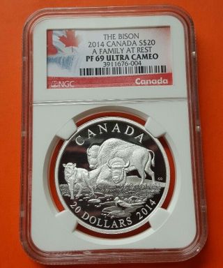 2014 1 Oz.  9999 Silver Coin - Canada The Bison A Family At Rest Ngc Pf 69 Uc