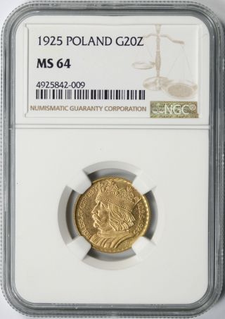 1925 Poland Gold 20 Złotych Ngc Ms64