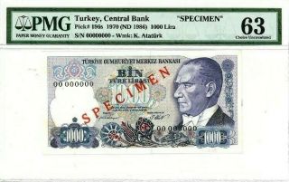 1970 - 1986 Turkey 1000 Lira Specimen Note Graded Unc 63 By Pmg