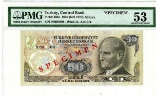 1970 - 1976 Turkey 50 Lira Specimen Note Graded Au 53 By Pmg