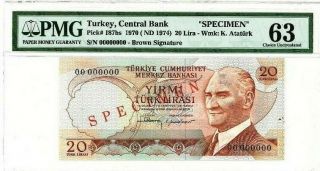 1970 - 1974 Turkey 20 Lira Specimen Note Graded Unc 63 By Pmg