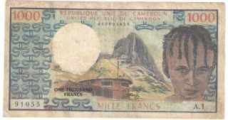 Cameroon Cameroun 1000 Francs 1974 Prefix A.  1 Scarce