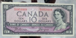 Bank Of Canada 1954 10 Dollar Banknote Beattie Coyne P/d0959908 Unusual Print