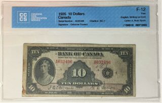 1935 Bank Of Canada $10 Bc - 7 " English " Cccs Graded F 12 35517
