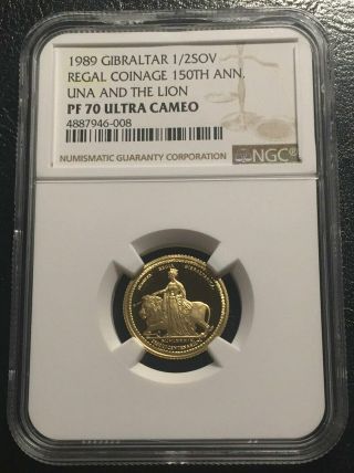 Gibraltar 1/2 Sovereign 1989 Gold Ngc Pf70uc Una And Lion Top Grade