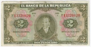 Banco De La República Colombia 2 Pesos Oro 20.  7.  1944 Issue Pick 362 Banknote