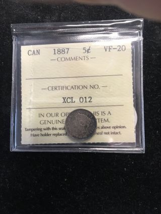 1887 Canada Five Cents Iccs Vf Key Date Coin