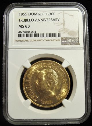 Dominican Republic: Republic Gold 30 Pesos 1955 Ms63 Ngc.