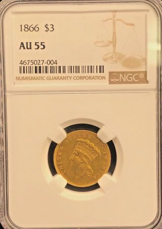 Ngc 1866 $3 Gold Piece Au55 Retail: $2,  800