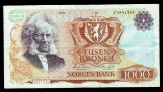 Norway 1000 Kroner 1985,  P40b,  Highest Denomination Note In High Vf Grade