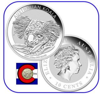 2014 Australia Koala 1/10 Oz.  Silver Coin In Display Card From Perth