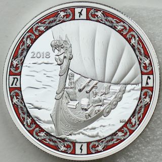 2018 $20 Viking Ships: Viking Voyage 1 Oz.  9999 Pure Silver Color Proof