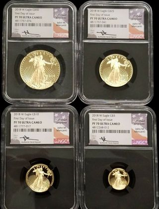 2018 - W 4 Coin Proof Gold American Eagle Set Ngc Pr/pf70 Uc Fdoi Mercanti Signed
