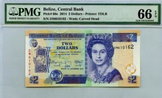 Belize 2 Dollars 2014 Central Bank Gem Unc Pick 66 E Lucky Money Value $96