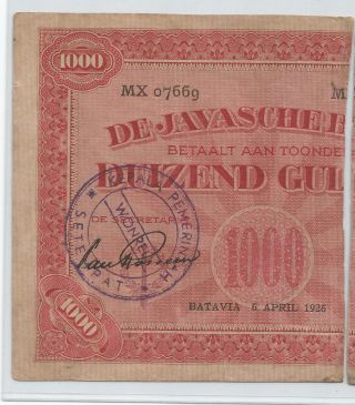Indonesia De Javasche Bank 1926 1000 Gulden Sanering Signed & Stamp