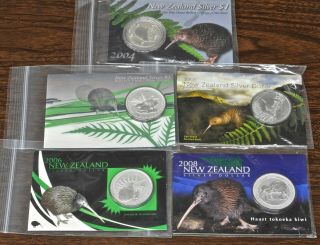 Zealand First 5 - 1oz Kiwi Silver Bullion Coins,  2004 - 2008,  999 Silver Coin