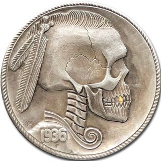 Hobo Nickels Coin 1936 Buffalo Gold Inlay Hand Carved Gediminas Palsis