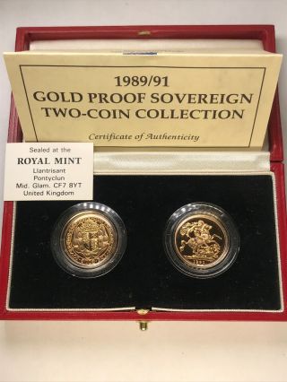 1989/91 Royal 2 Coin Gold Proof Sovereign Set 500th Anniversary Box &