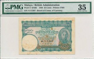 Board Of Comm.  Of Currency Malaya 25 Cents 1940 Prefix A Pmg 35