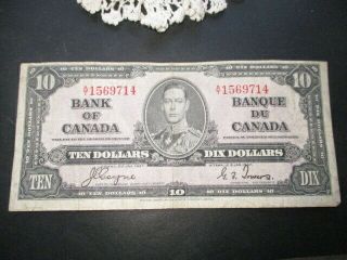 D - 1937 Bank Of Canada Canadian $10.  00 Bill Ten Dollar Circulated Purple