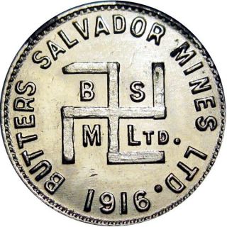 1916 El Salvador Good Luck Swastika Token Butters Salvador Mines Bi - Metallic