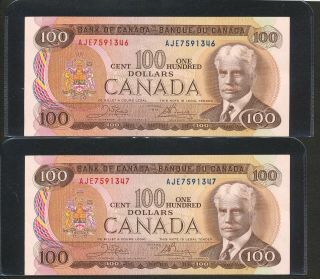 Consecutive Serial 2x 1975 $100 Bank Of Canada Notes.