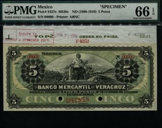 Tt Pk S437s Nd (1898 - 1910) Mexico 5 Pesos Specimen Pmg 66 Epq Gem Uncirculated