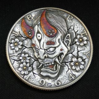 Hobo Nickel Japanese Demon Hand Carved Half Dollar Silver Coin W Gold And Copper