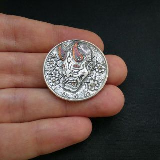 Hobo Nickel Japanese Demon hand carved Half Dollar Silver Coin w gold and copper 2