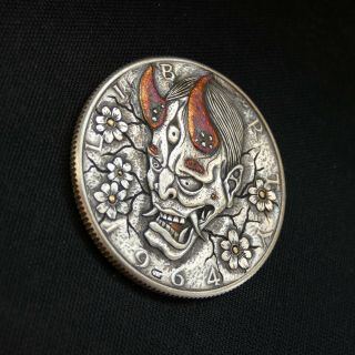 Hobo Nickel Japanese Demon hand carved Half Dollar Silver Coin w gold and copper 3