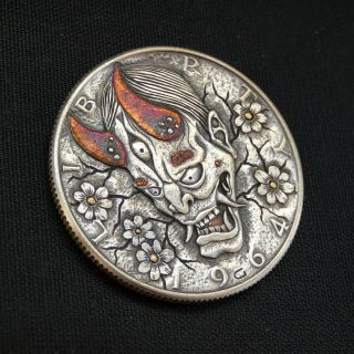 Hobo Nickel Japanese Demon hand carved Half Dollar Silver Coin w gold and copper 4