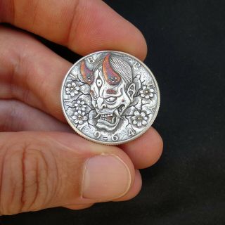 Hobo Nickel Japanese Demon hand carved Half Dollar Silver Coin w gold and copper 6
