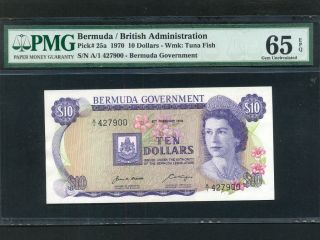 Bermuda:p - 25,  10 Dollars,  1970 Queen Elizabeth Ii Pmg Gem Unc 65 Epq