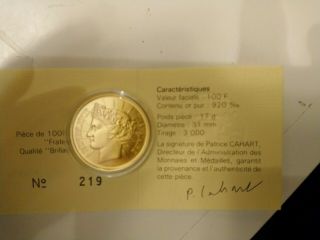 France 1988 Fraternity Coin 100 Francs - 1/2oz Pure Gold - Mintage 3,  000 - Spot