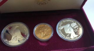 Olympic 3 Coin Set - 1984 W $10 Nearly 1/2oz Gold - 2 Silver Dollars