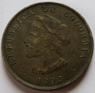 1892 Colombia 50 Centavos Silver Coin - Xf,  Better Grade Cincuenta (030906c)