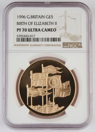 Great Britain Uk 1996 5 Pound Gold Proof Coin Birth Of Elizabeth Ii Ngc Pf70 Uc