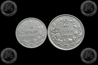 Belgium Set 2 Silver Coins 1909: 1,  2 Francs (leopold Ii - Dutch Text) Vf - Xf