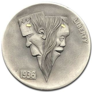 Hobo Nickel Coin 1936 Buffalo " Lovers " 24k Gold Hand Engraved Gediminas Palsis