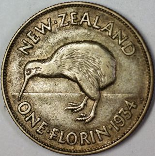 1934 Zealand 1 Florin Silver Average Circulated Kiwi Bird Coin