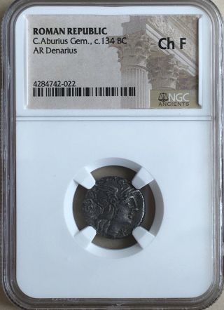Roman Rep.  Denarius C.  Aburius Roma W/ Mars In Quadriga 134bc Ngc Choice F