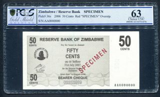 2007 Zimbabwe Scarce Specimen 50 Cents Graded Pcgs 63 Unc P36s Aa 0000000