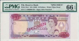 Reserve Bank Fiji $10 Nd (1989) Specimen Pmg 66epq