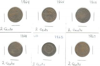 Two Cents Piece1864,  1865/3,  1867,  1868 Six Bronze Coins Good - Vg All Shown