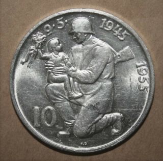 Czechoslovakia 10 Korun 1955 Brilliant Uncirculated Silver Coin 10th Anniversary