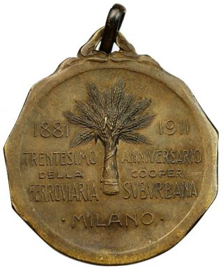 Italy - 1912 Bronze Art Nouveau Medal,  Milano Railroad,  Train C