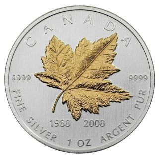 2008 Canada 20th Anniversary Gold Plated Silver Maple Leaf